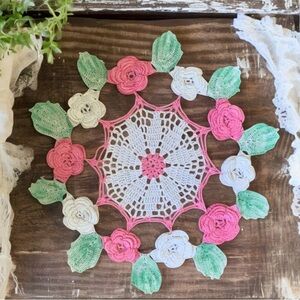 Vintage Hand Crafted Pink and White Rose Floral Crochet Doily